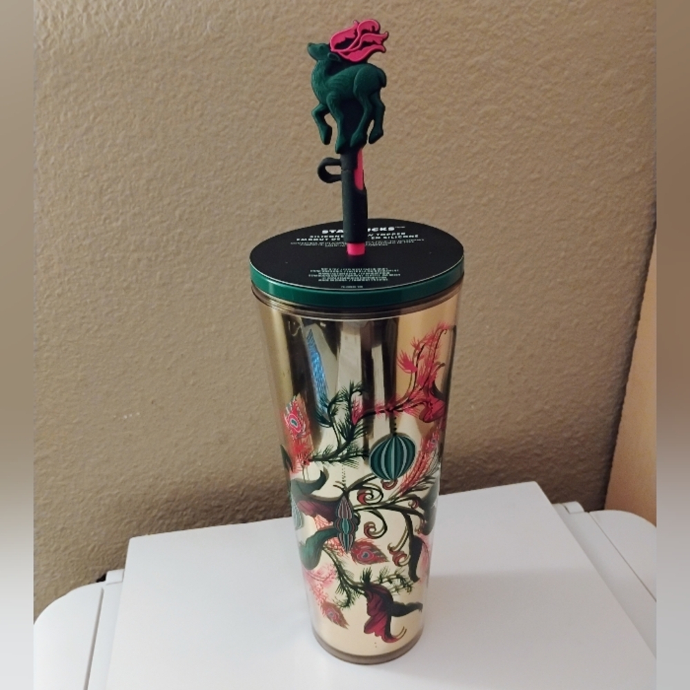 New Starbucks 24 Oz Decorative Topper Statement Cup Pink Reindeer
